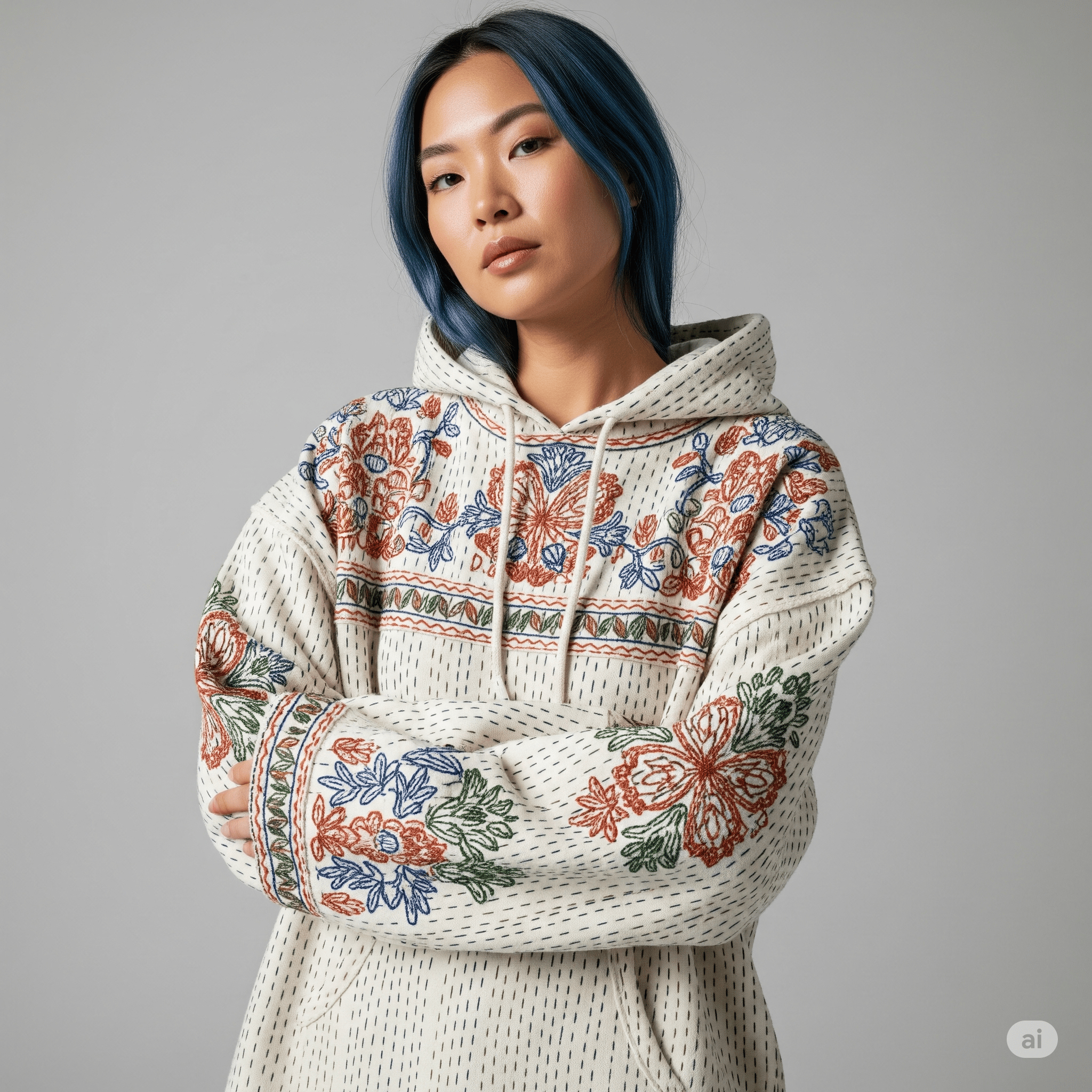 Kantha Stitch Drop-Shoulder Hoodie